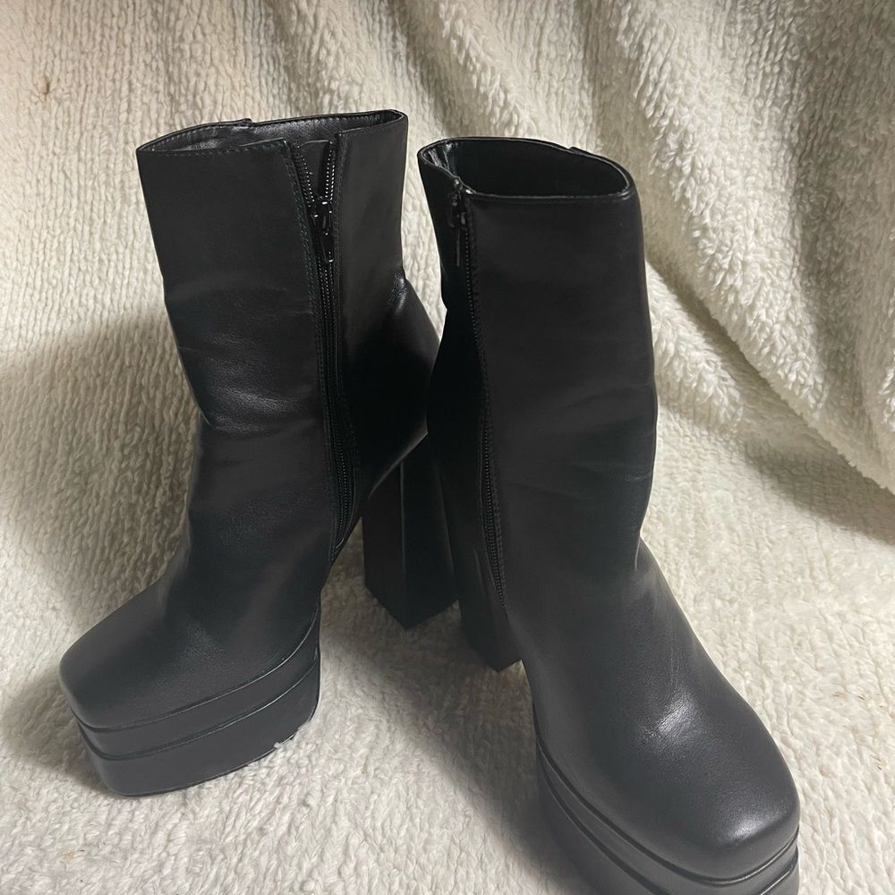 Olivia Ferguson synthetic black platform block heel ankle boots side zipper SZ9 - Picture 2 of 14